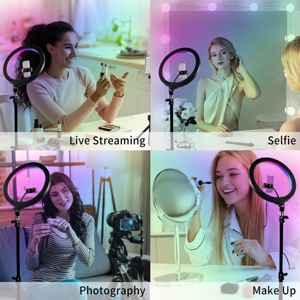 Ring Light 12 Inch Adjustable Brightness RGB with 63 Inch Floor Stand for Photo Selfie Video for an Everyday Personal Care Routine