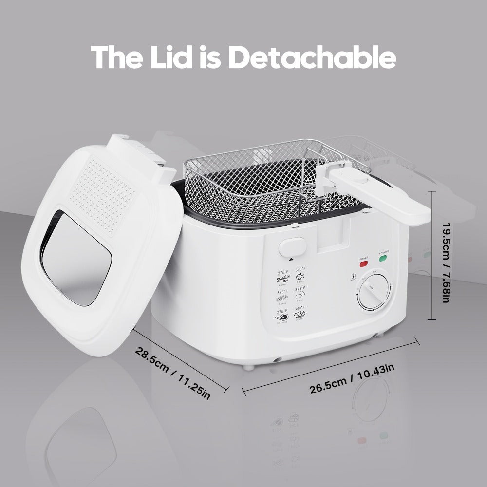 1500W Deep Fryer in Black or White with 84.54-Ounce Source Capacity, Windowed Lid and Rotary Dial