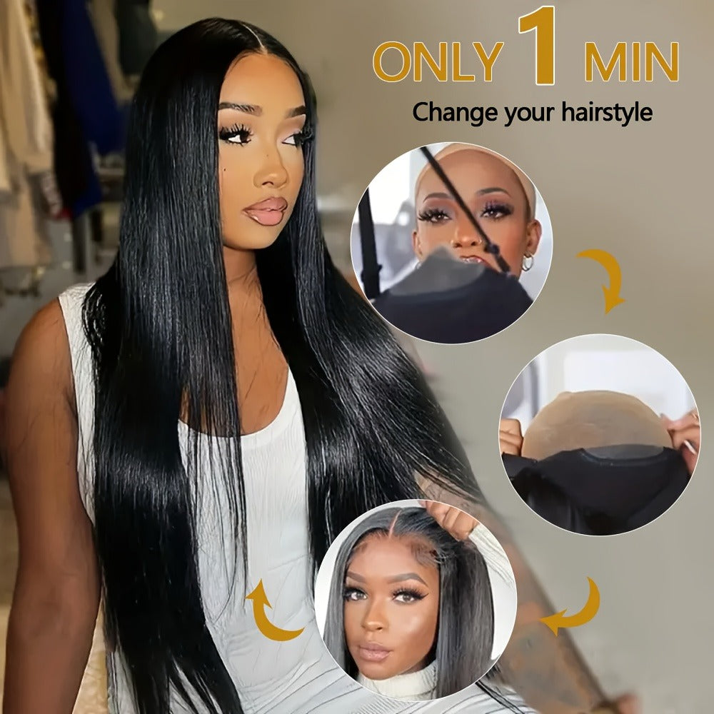 Wig Bone-Straight Glueless Human Hair in Natural Black, 10-34 Inch Options with Pre-Cut 6x4.5 Lace