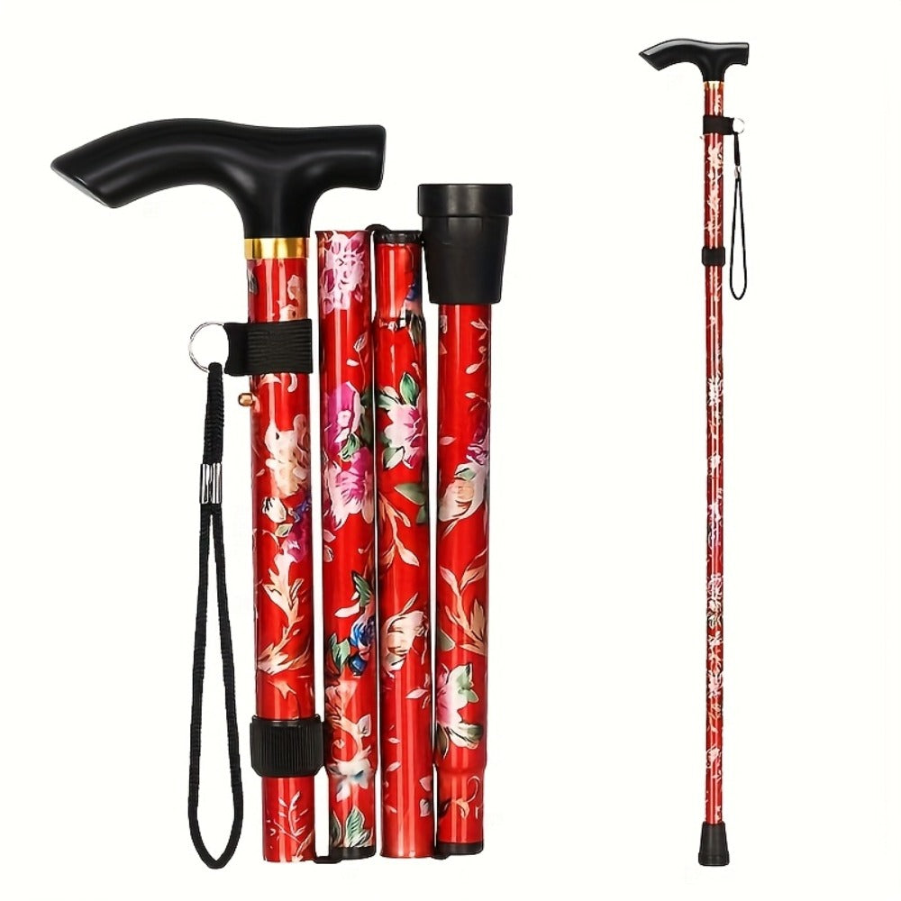 Foldable Walking Cane for Seniors Adjustable Height Folding Stick with Wrist Strap T-Handle for Entryways, Bedrooms and Living Spaces