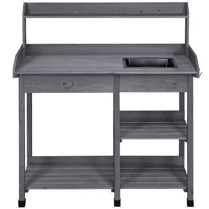 Garden Potting Table 4-Tier with Removable Sink, Adjustable Shelf, Drawer & Side Hooks, Outdoor Planter Stand for Yard Greenhouse in Wood