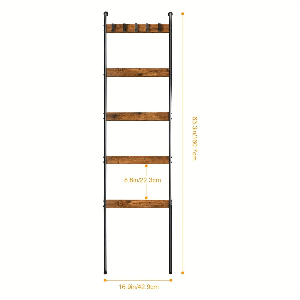 Blanket Ladder Storage Organizer 5-Tier Metal Rack with 10 Detachable Hooks in Brown or Black