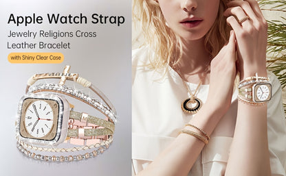 Watch Band Bracelet with Multilayer Beads, Integrated Bumper Frame and Five Colors for Apple Watch Sizes