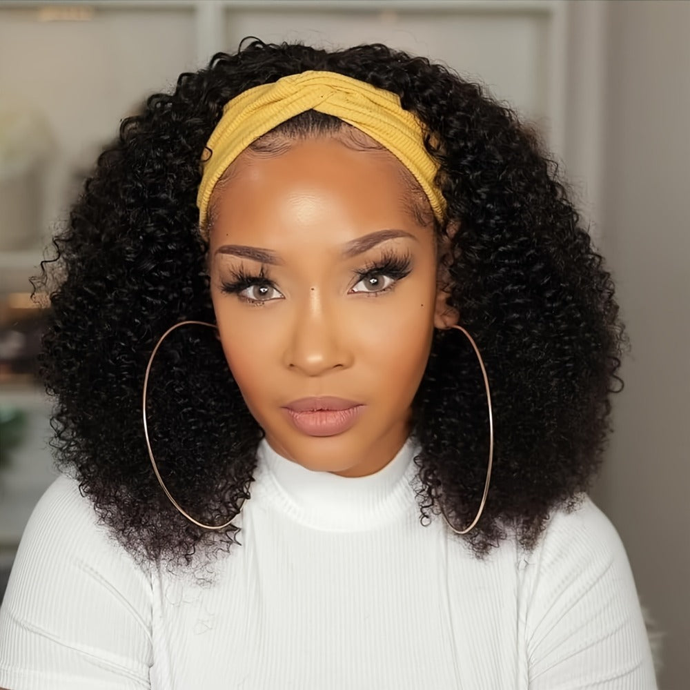Headband Wig Curly Wavy for Women Black Synthetic Glueless No Lace – Elastic Cap Heat Resistant Beginner Friendly for Daily Wear Party