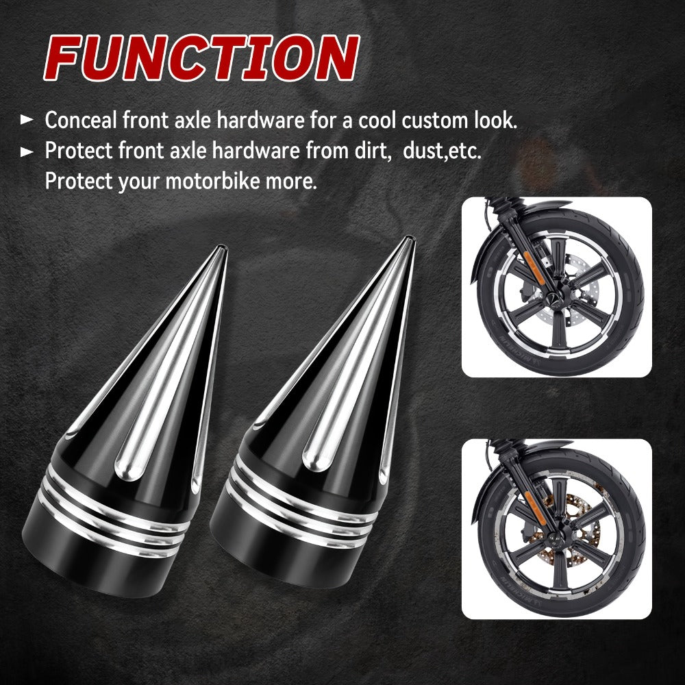 CNC Spike Motorcycle Front Axle Nut Covers Caps 3.6" – Fits Harley Touring Street Glide Road King Electra Glide Tri Glide 2008-Later