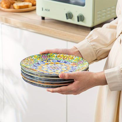 Bohemian Ceramic Dessert Plate Set of 6 – 8.5 Inch Colorful Abstract Pattern Dinnerware, Glazed Porcelain Plates