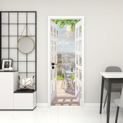 Balcony-View Door Mural Panel Set with Two 17.7-Inch Sheets and 35.43 x 78.74-Inch Final Scene