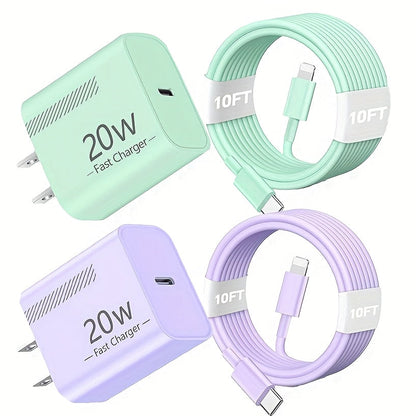 20W iPhone Fast Charger Bundle 3-Pack with 10ft L-Shaped Lightning Cable, 3 Chargers + 3 Cables Set for iPhone 14 13 12 11 Pro Max SE XR