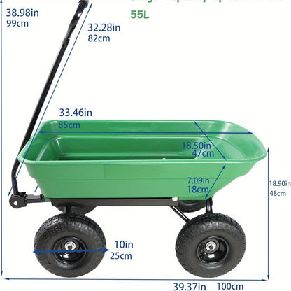 Garden Cart Steel Yard Wagon Dump Cart with 10 Inch Pneumatic Tires Utility Cart for Lawn Farm Gardening Green