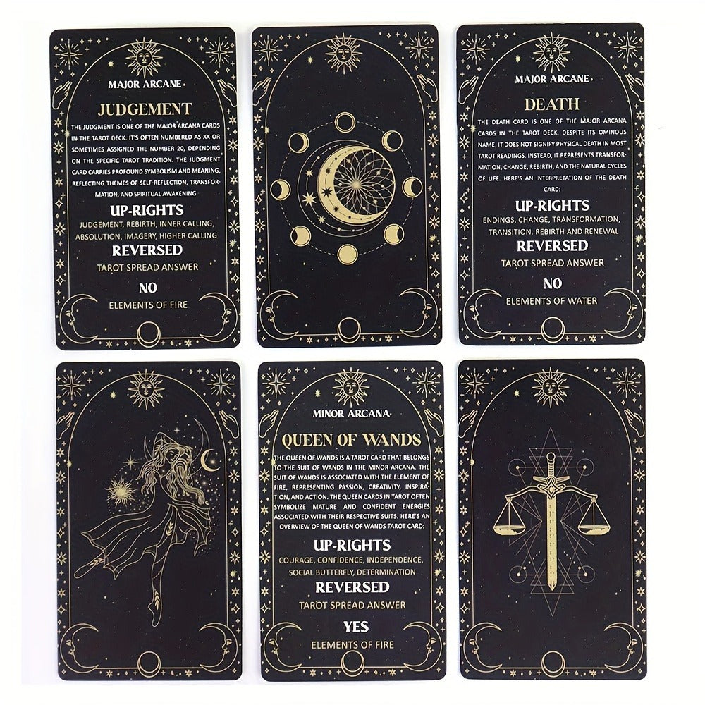 Tarot Meaning Cards Reference Deck with 78 Illustrated Cards, Printed English Text and Compact Black Box
