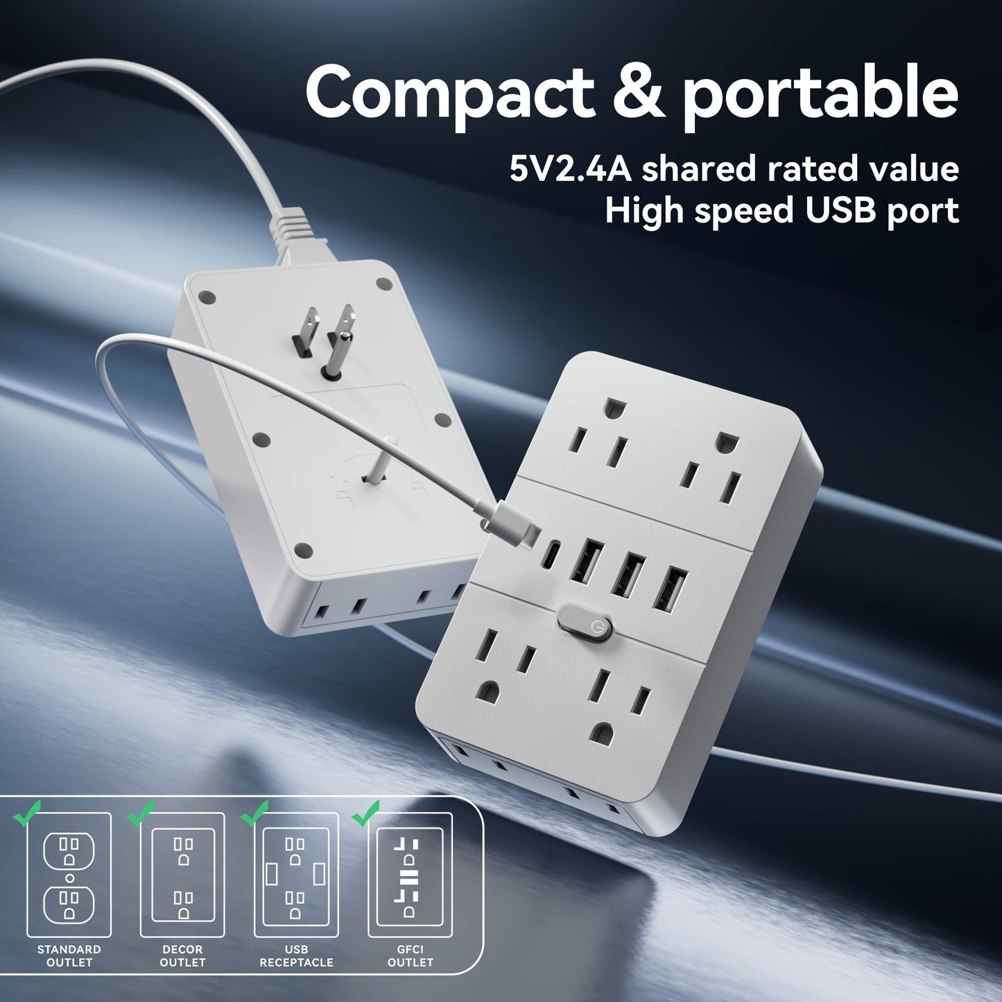 Power Strip 9-in-1 Desktop Station with LED Lamp, Digital Clock, 4 AC Outlets, 3 USB-A and 2 USB-C Ports