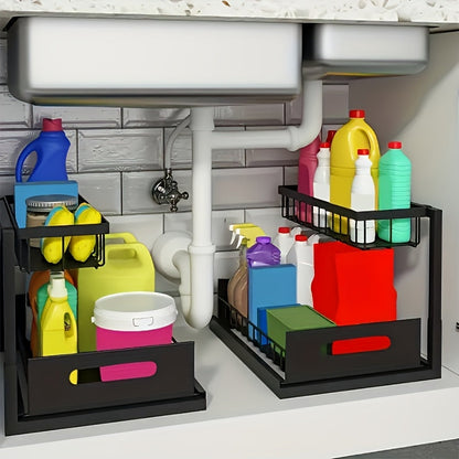 Under Sink Organizer Pull Out, 2-Tier Slide Out Cabinet Organizer with Adjustable Shelves, Under Sink Storage Rack for Kitchen Bathroom