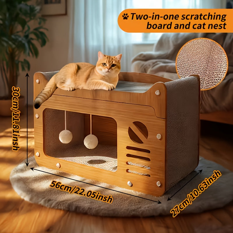 Cat Scratcher House Cardboard Cat Bed with Feather Wand Toy – Indoor Outdoor Cat Hideout for Scratching, Hiding & Resting