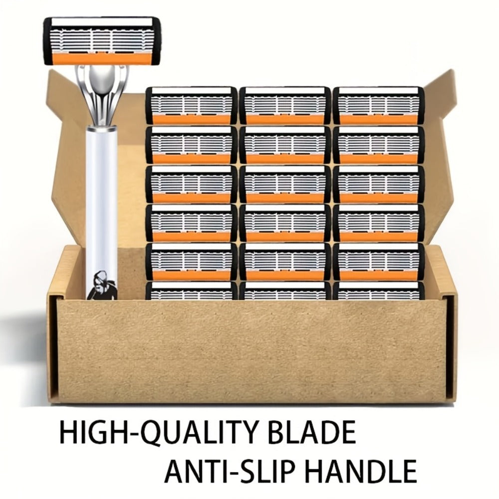 6-Layer Blade Men's Razor Set with Lubricating Strip 2 Handles & 36 or 72 Replacement Blades – Smooth Close Shave Contour-Fitting Ergonomic