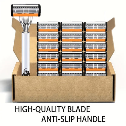 6-Layer Blade Men's Razor Set with Lubricating Strip 2 Handles & 36 or 72 Replacement Blades – Smooth Close Shave Contour-Fitting Ergonomic