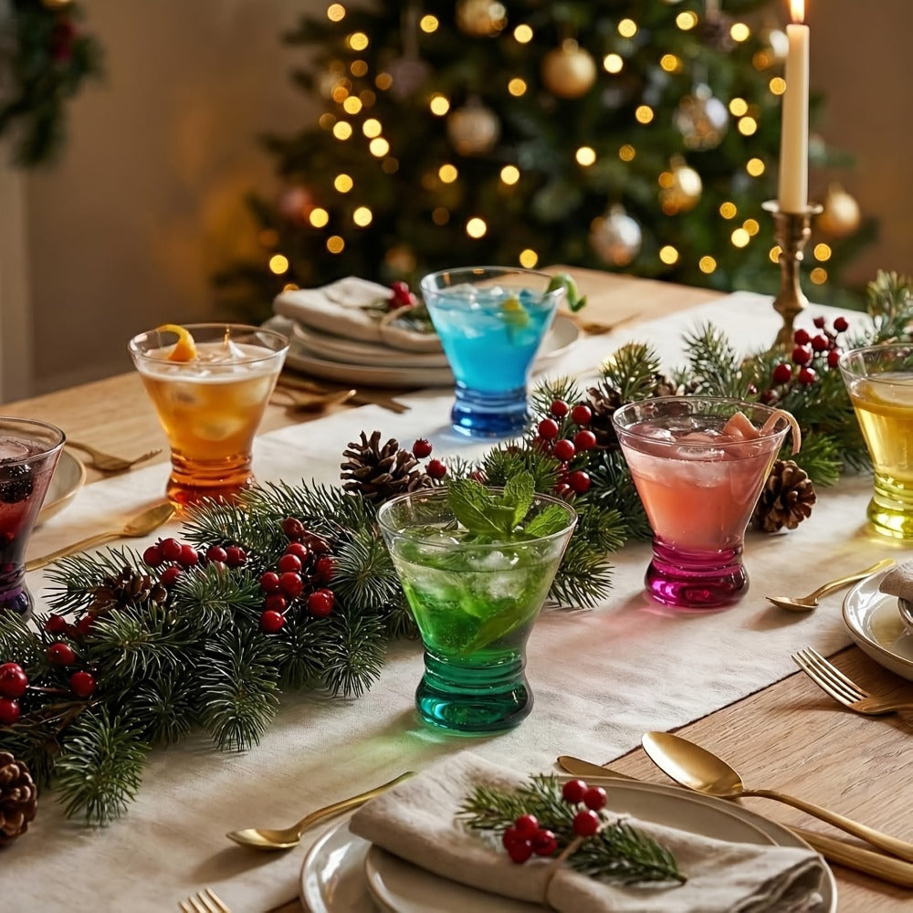 Stemless Martini Glasses Set of 6, 8oz Colored Cocktail Glasses, Margarita Bar Dessert Glassware with Gradient Color Base