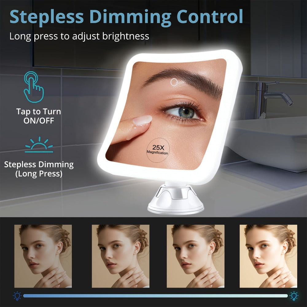 25X Magnifying Mirror with LED Light Suction Cup Mount, for Makeup, Travel and Everyday Vanity Use