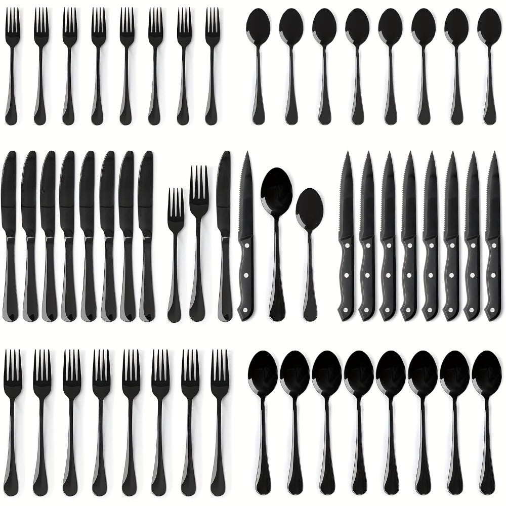 Serrated Steak Knife Dining Set with Six-Piece Place Settings, 24 or 48 Utensils in Silver or Black