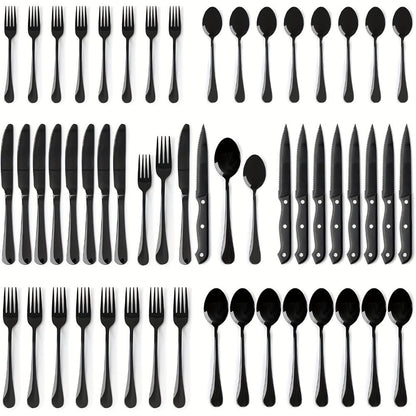 Serrated Steak Knife Dining Set with Six-Piece Place Settings, 24 or 48 Utensils in Silver or Black