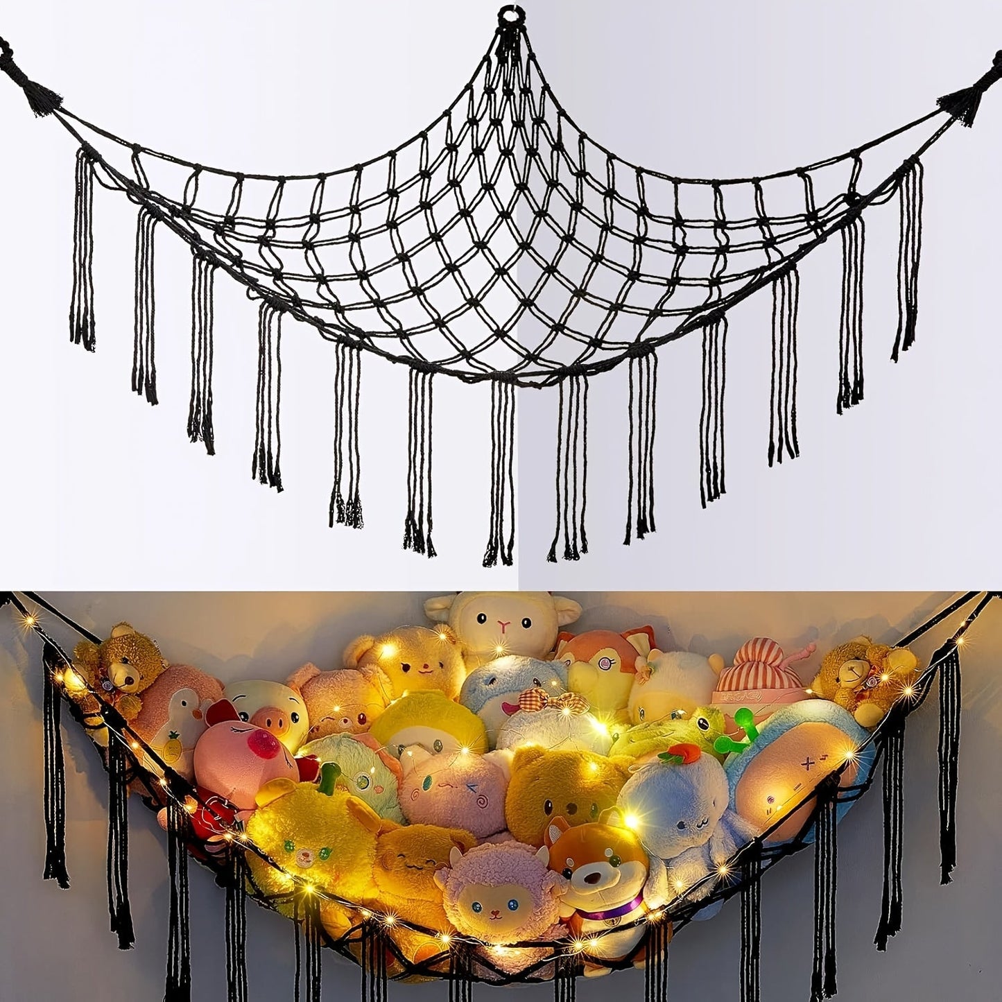 Stuffed Animal Storage Hammock with Lights Corner Hanging Toy Net Organizer for Nursery for Entryways, Bedrooms and Living Spaces