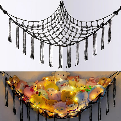 Stuffed Animal Storage Hammock with Lights Corner Hanging Toy Net Organizer for Nursery for Entryways, Bedrooms and Living Spaces