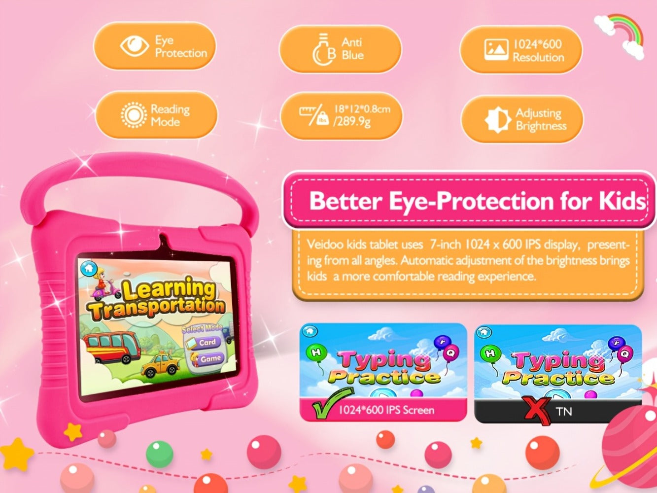 Veidoo Kids Tablet 7 Inch Eye Protection Screen 2GB RAM 32GB ROM Android WiFi Dual Camera Parental Control Educational Games Drop-Proof