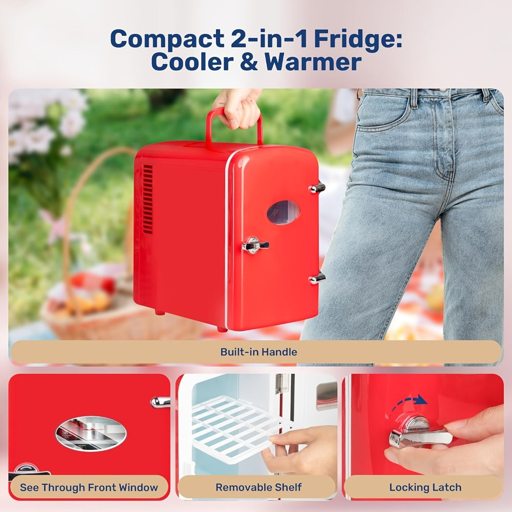 4-Liter Portable Mini Cooler and Warmer with Decorative Stickers, Carry Handle, Shelf and Black, Pink or Red Options