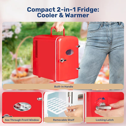 4-Liter Portable Mini Cooler and Warmer with Decorative Stickers, Carry Handle, Shelf and Black, Pink or Red Options