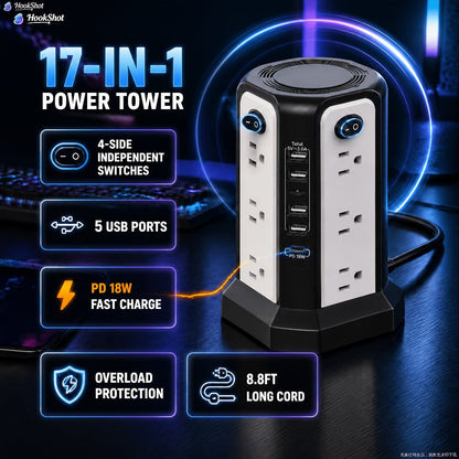 Power Strips with Surge Protection, Tower with 12–16 AC Outlets, 4 USB-A, PD 20W USB-C and 1500J Surge Protection for Home Office Charging