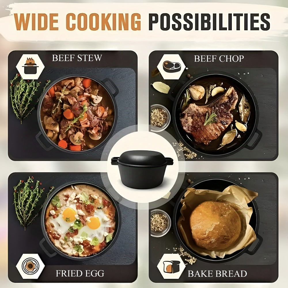 Cast Iron Dutch Oven Set 5.1QT & 7QT with Skillet Lid – Pre-Seasoned 2-in-1 Cookware for Stovetop, Induction, Oven, Campfire & BBQ