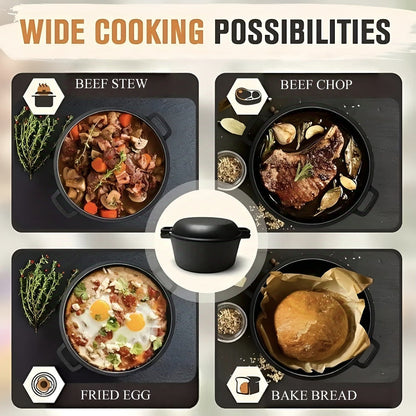 Cast Iron Dutch Oven Set 5.1QT & 7QT with Skillet Lid – Pre-Seasoned 2-in-1 Cookware for Stovetop, Induction, Oven, Campfire & BBQ