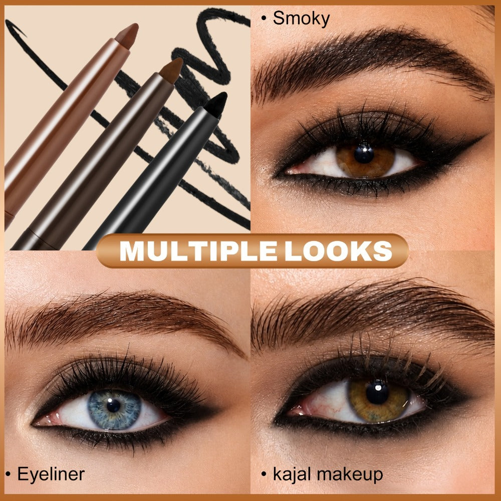 Quick-Dry Brown & Black Gel Eyeliner Pencil 3 Pack Waterproof Smudge-Proof, for Makeup, Travel and Everyday Vanity Use