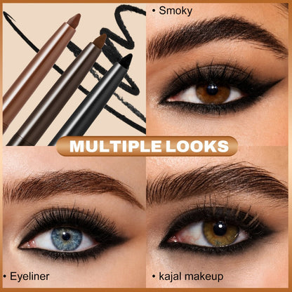 Quick-Dry Brown & Black Gel Eyeliner Pencil 3 Pack Waterproof Smudge-Proof, for Makeup, Travel and Everyday Vanity Use