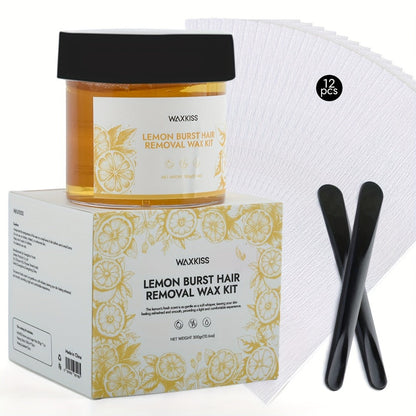 Sugar Wax Hair Removal Kit 300g – Gentle Soft Wax with Strips & Sticks for Body Hair Removal, Lemon or Activated Carbon Formula