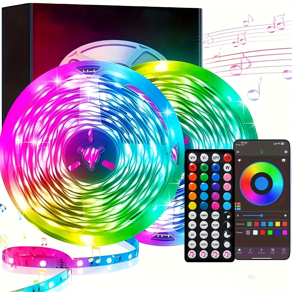RGB LED Strip Lights 32.8ft Bluetooth Music Sync – 5050 Color Changing Tape Light, 44-Key IR Remote