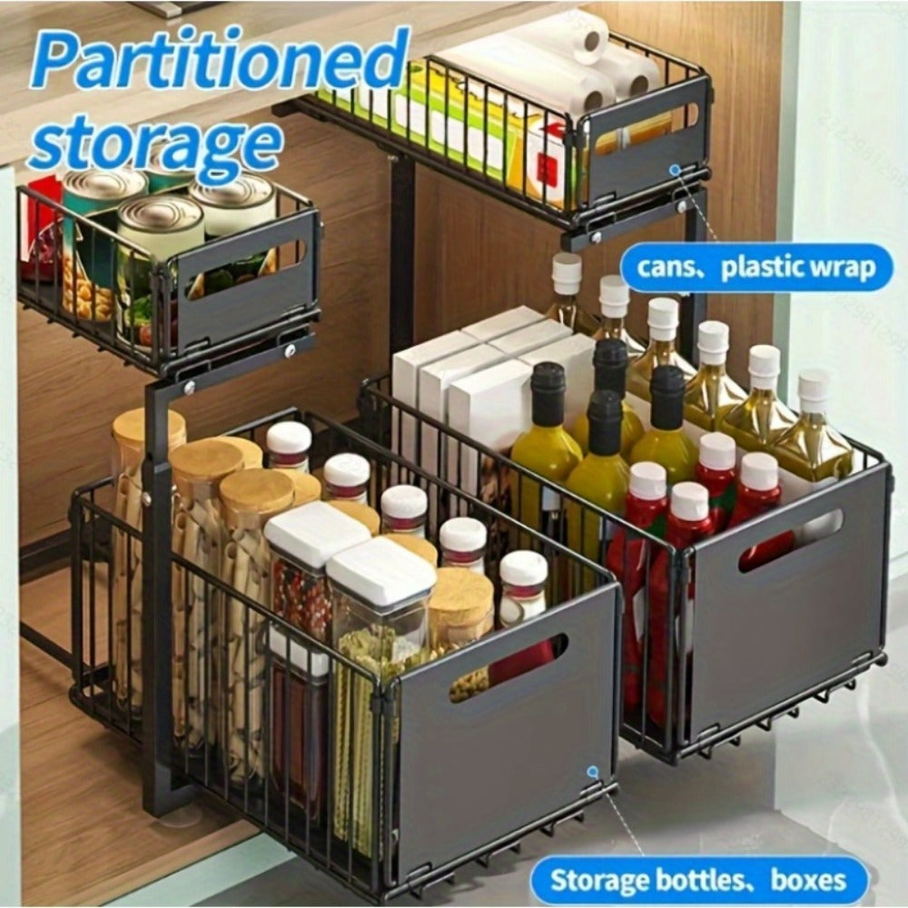 Under Sink Organizer 2-Tier Slide Out Pull Out Drawer Metal Basket Height Adjustable – Under Sink Cabinet Organizer for Kitchen Bathroom
