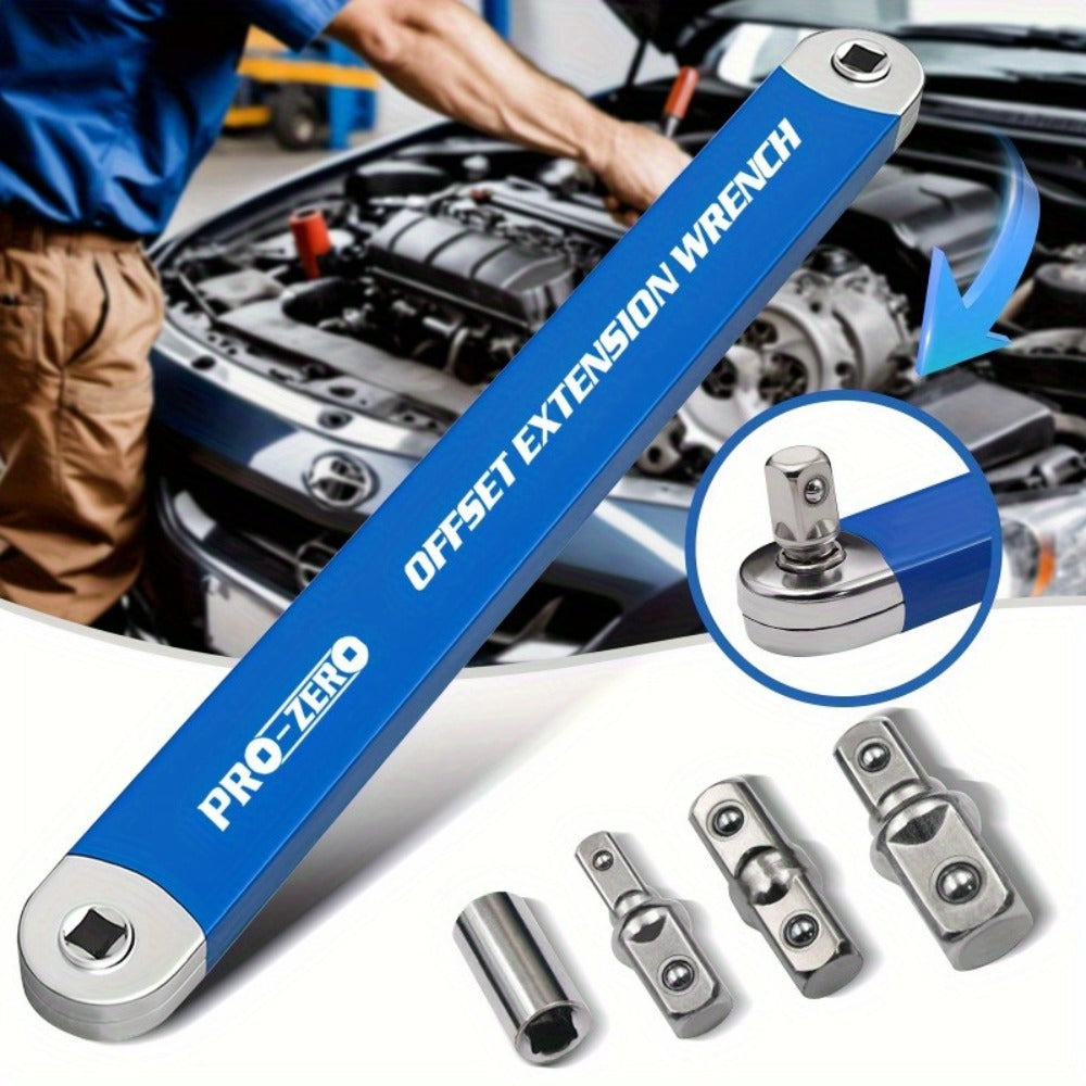 Ratchet Wrench 2-in-1 Offset Extension with 1/4" 3/8" 1/2" Square Head Adapters, 180-Degree Rotation High Torque Non-Slip Handle