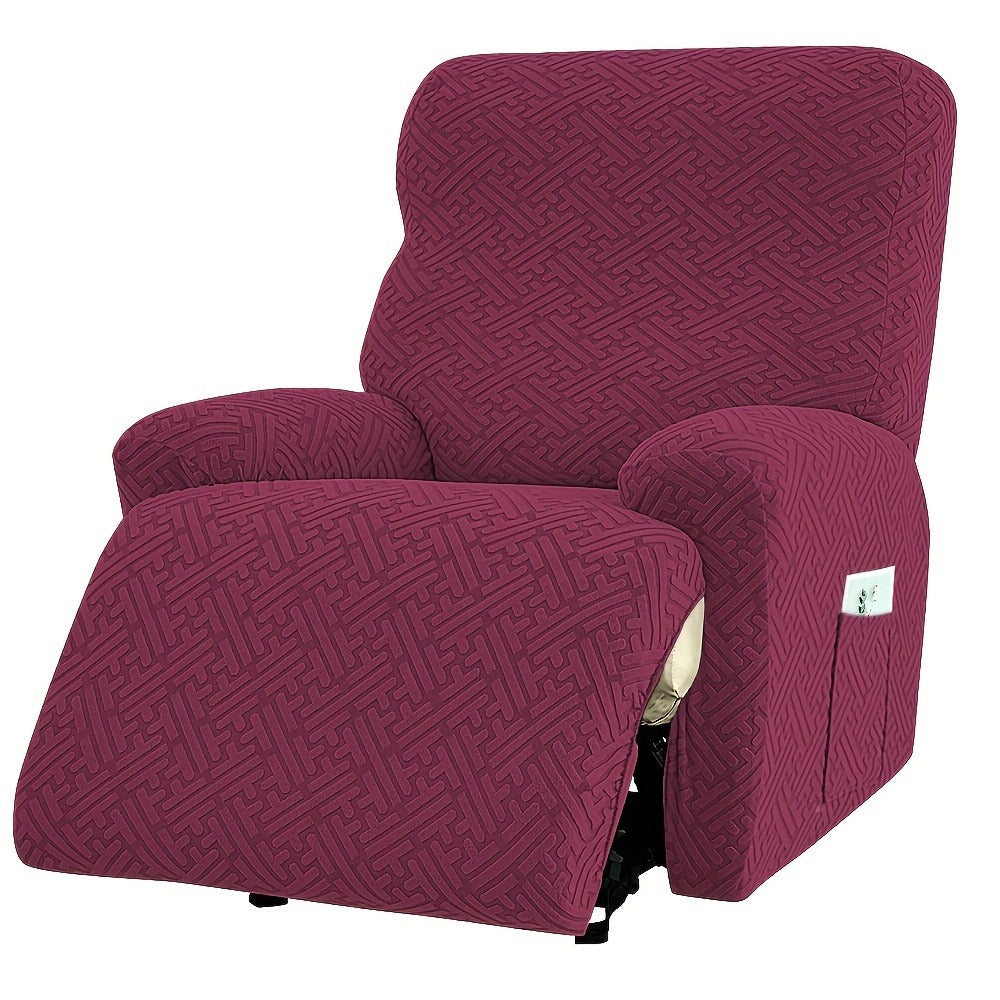 Four-Piece Maze Jacquard Recliner Chair Cover Set with Side Pocket and Nine Solid Color Options