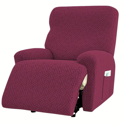 Four-Piece Maze Jacquard Recliner Chair Cover Set with Side Pocket and Nine Solid Color Options