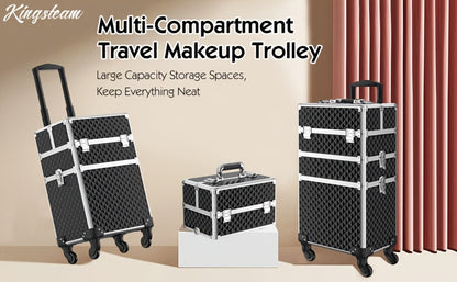 Three-Section Rolling Makeup Train Case with Telescoping Handle in Black or Pink and Sponge Set