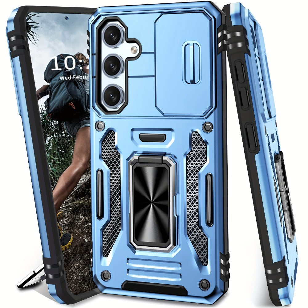 Samsung Galaxy Shockproof Magnetic Phone Case with 360° Rotating Ring Bracket & Sliding Lens Protector – Heavy Duty Cover for S24FE S23FE