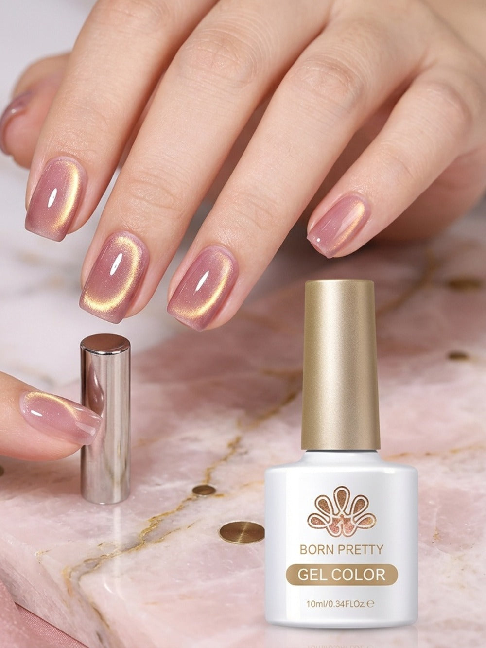 Gel Nail Polish BORN PRETTY MY45 Nude-Gold Magnetic Cat-Eye in 10ml with UV/LED Soak-Off Formula