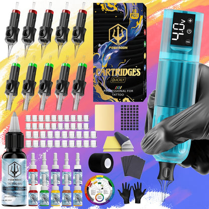 Wireless Tattoo Machine Kit Complete - POSEIDON V5 Rotary Pen with LCD Screen 1500mAh for Temporary Body Art, Festivals and Costumes