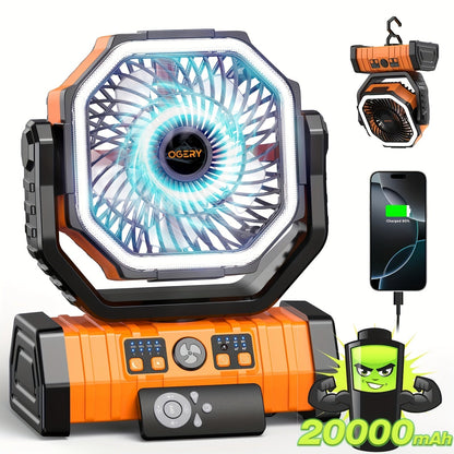 20000mAh Portable Camping Fan with LED Lantern – Rechargeable, 4-Speed, Oscillating, Remote & Timer Control | Tent, Travel, RV