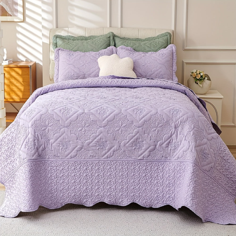 Quilt Set 3 Piece Floral Embroidery Bedspread – 100% Polyester Wrinkle Resistant Lightweight Quilted Coverlet with 2 Pillow Shams for Full