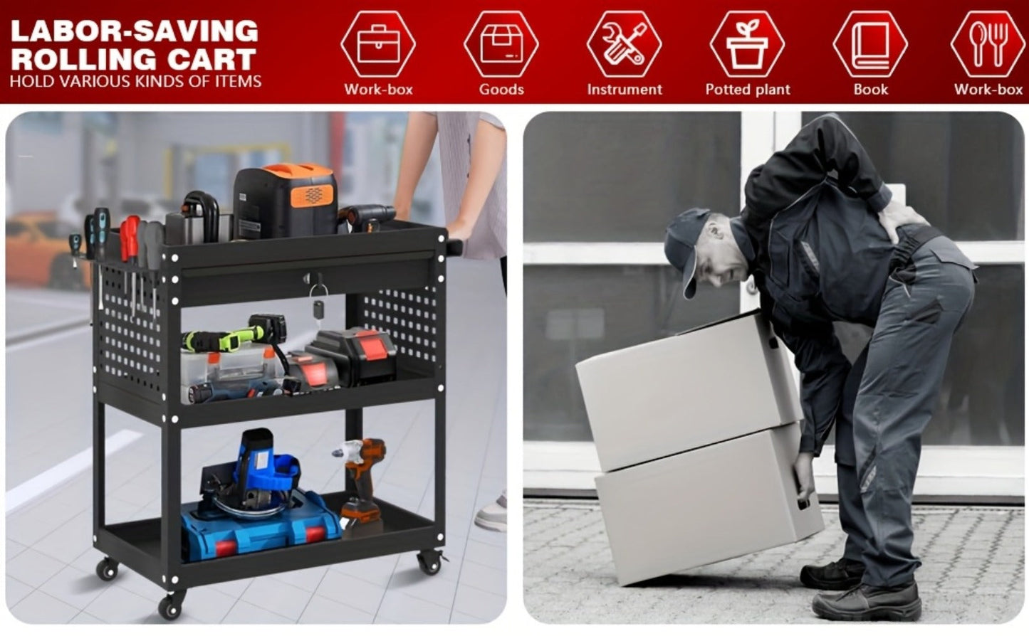 Rolling Tool Cart 3-Layer with Drawers & Screw Box Storage, Heavy-Duty Mechanic Trolley on Wheels for Garage Workshop Repair Shop