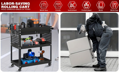 Rolling Tool Cart 3-Layer with Drawers & Screw Box Storage, Heavy-Duty Mechanic Trolley on Wheels for Garage Workshop Repair Shop