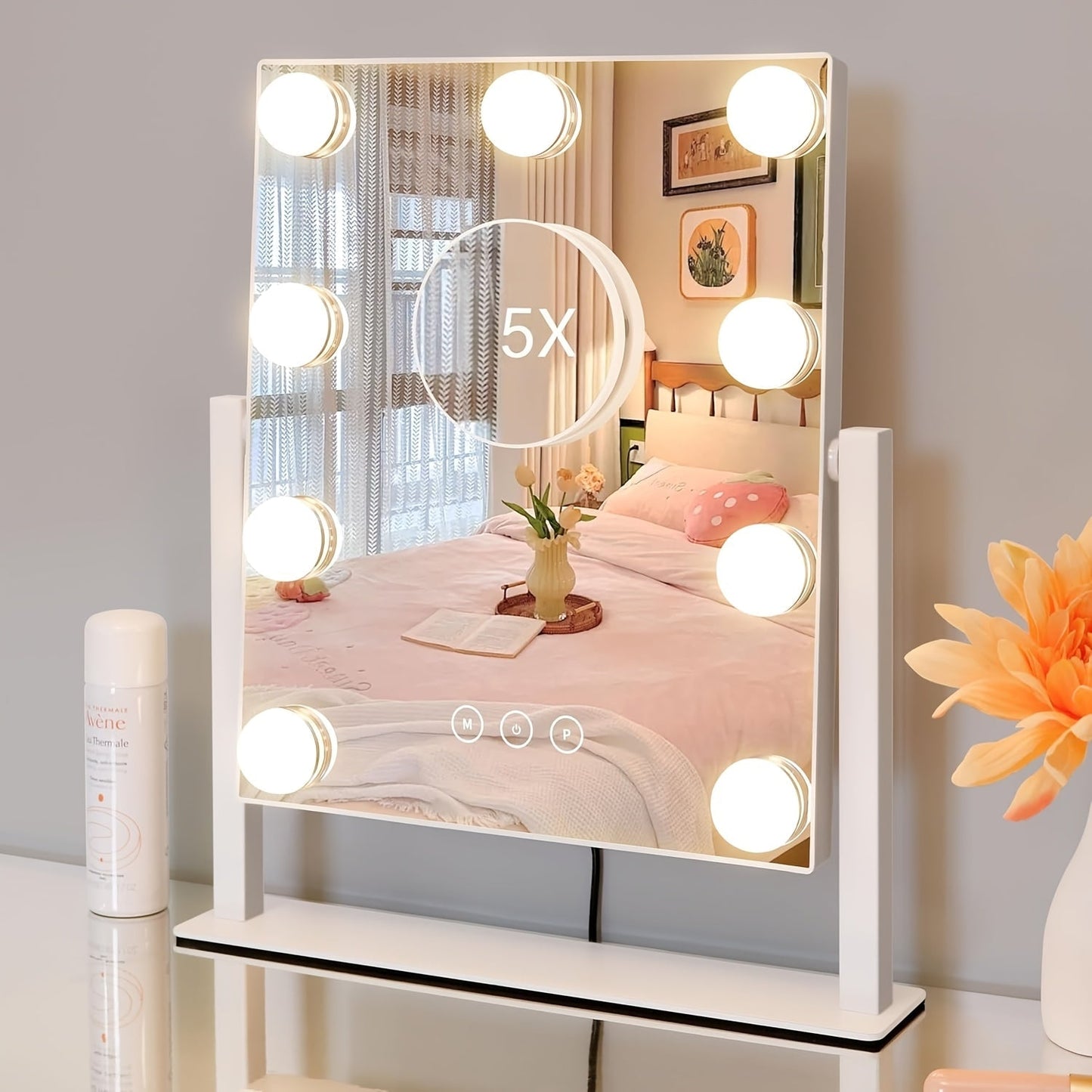 Makeup Mirror with Nine Bulb-Style LEDs, Three Light Colors, Touch Memory, 360° Rotation and Optional 5X Mirror
