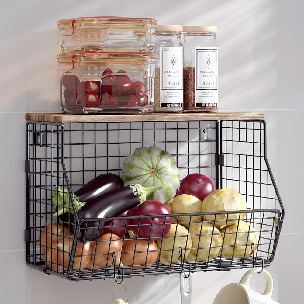 Stackable Metal Wire Fruit Basket with Lid, 1 or 2-Tier Hanging Kitchen Pantry Storage Bin