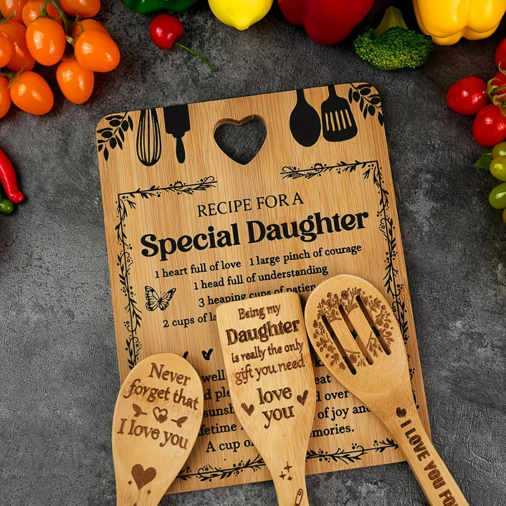 Engraved Bamboo Cutting Board Gift Set for Daughter, Recipe for a Special Daughter Kitchen Utensil Set